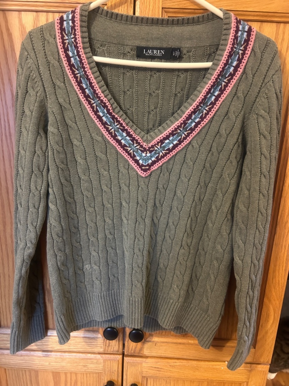 Lauren Ralph Lauren Olive Cable-Knit V-Neck Sweater with Pink and Blue Trim